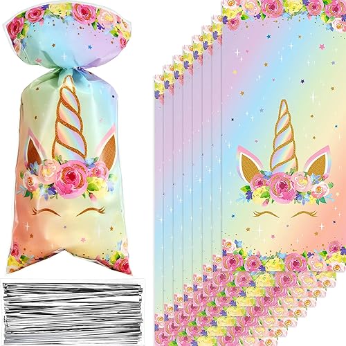 Zonon 100 bolsas de regalo de unicornios, bolsas de regalo de unicornio, celofán, rosa, arcoíris, dorado, con 100 lazos plateados, recuerdos de