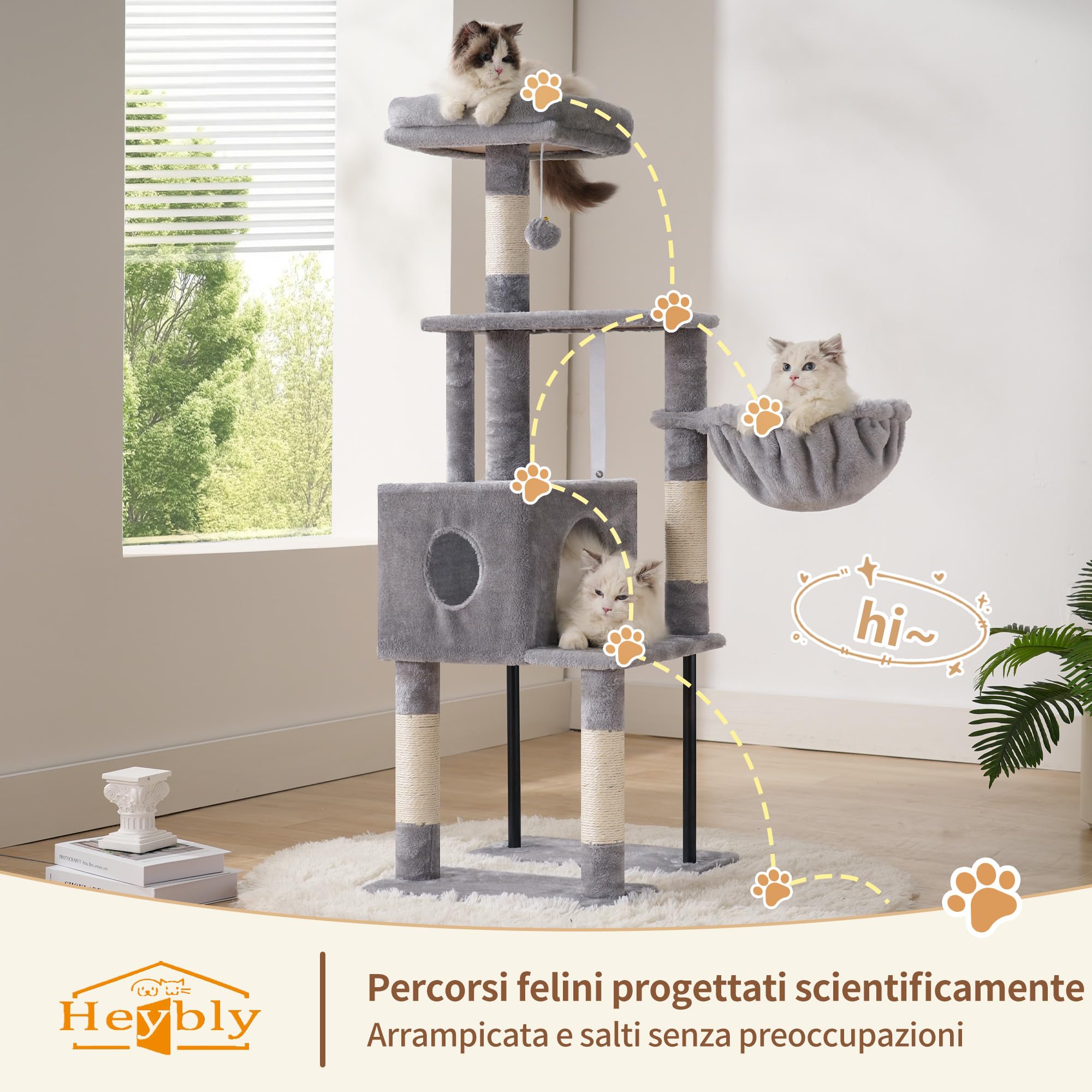 Heybly Albero Tiragraffi Per Gatti Alto 125 cm, Torre Per Gatti Spaziosa E Confortevole Con Tana, Due Ampie Piattaforme, Tiragraffi In Sisal, Cestino, Robusti Tubi In Acciaio, Grigio Chiaro HCT200SW-