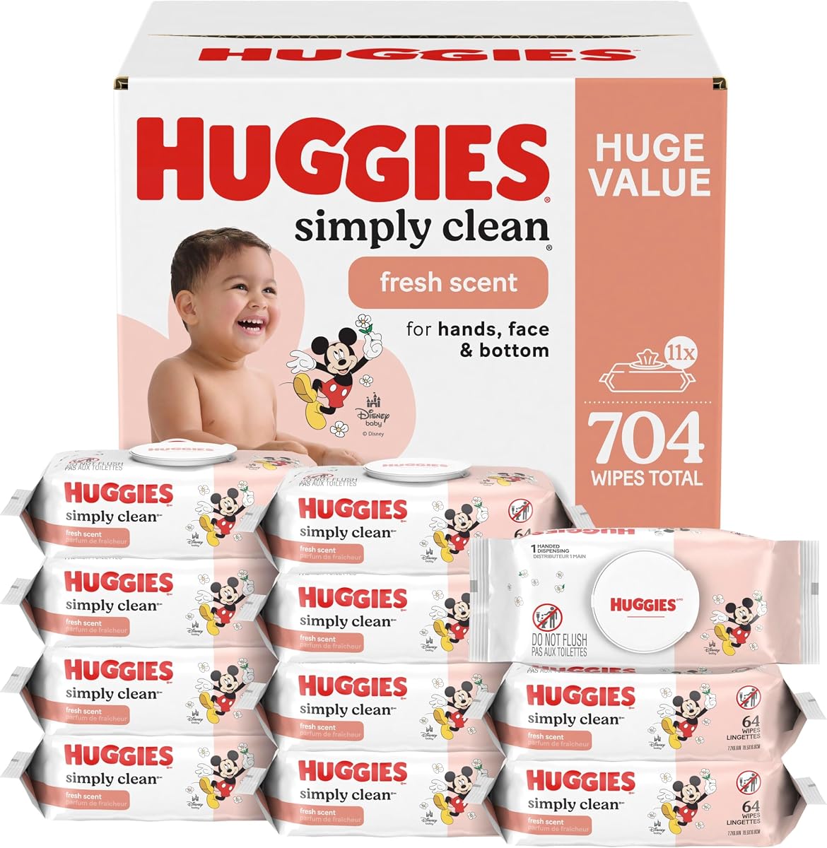 Huggies Simply Clean Fresh Scent Baby Wipes, 11 Flip-Top Packs (704 Wipes Total), Packaging May Vary