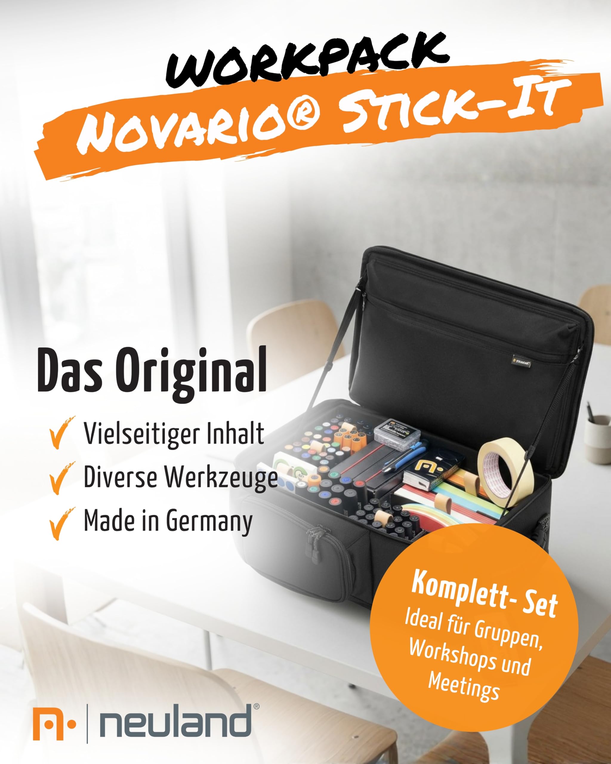 Neuland Novario® WorkPack Stick-It Moderationskoffer mit Inhalt I Präsentationskoffer mit 900 selbstklebenden Moderationskarten, 73 Flipchart Markern & Aufbewahrungsboxen I Koffer & Flipchart Zubehör