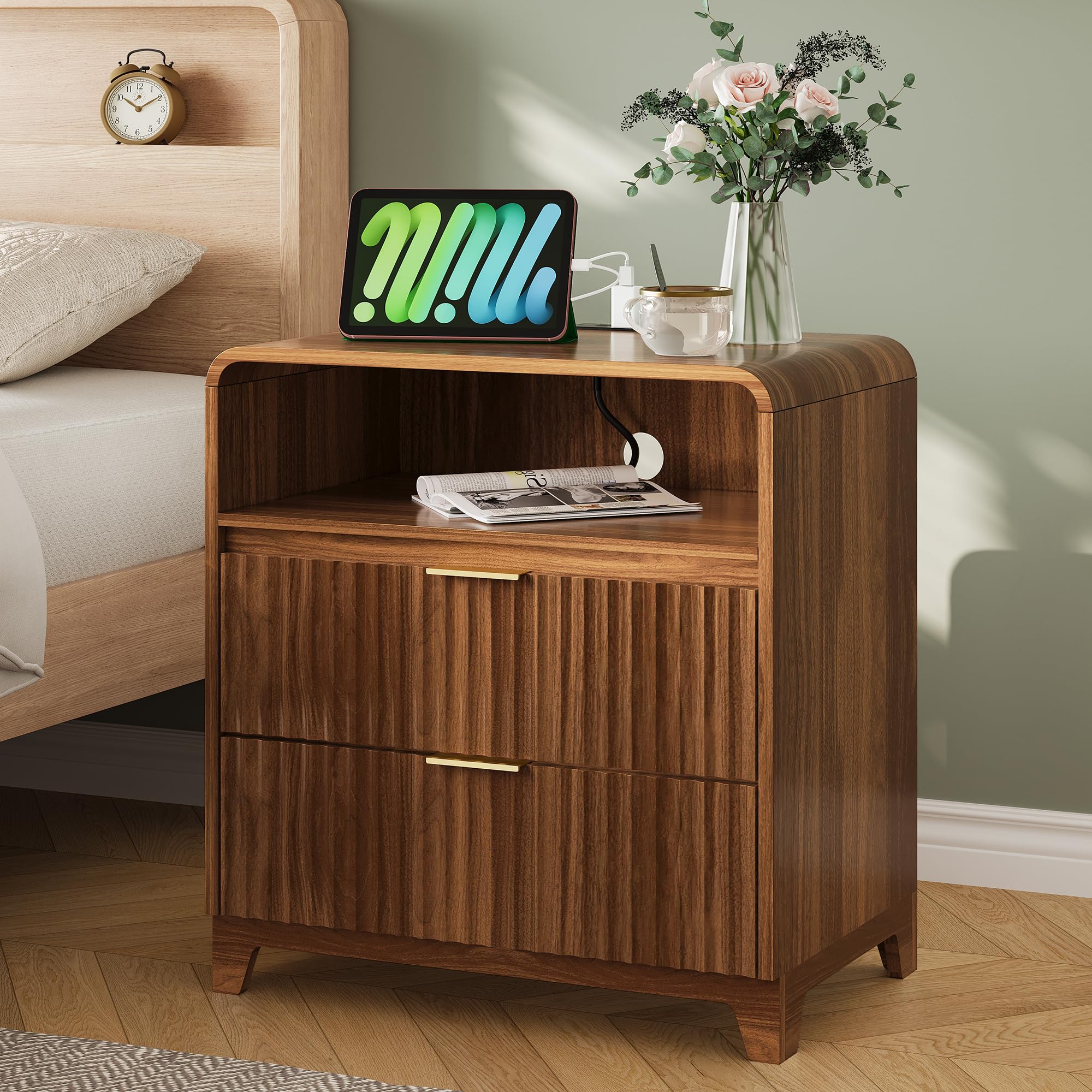 Night Stand Fluted Nightstand with Charging Station, 23.6" Wide Modern Side Table with 2 Drawers and Open Storage Cabinet, Wood Dresser Bedside End Table for Bedroom, Walnut