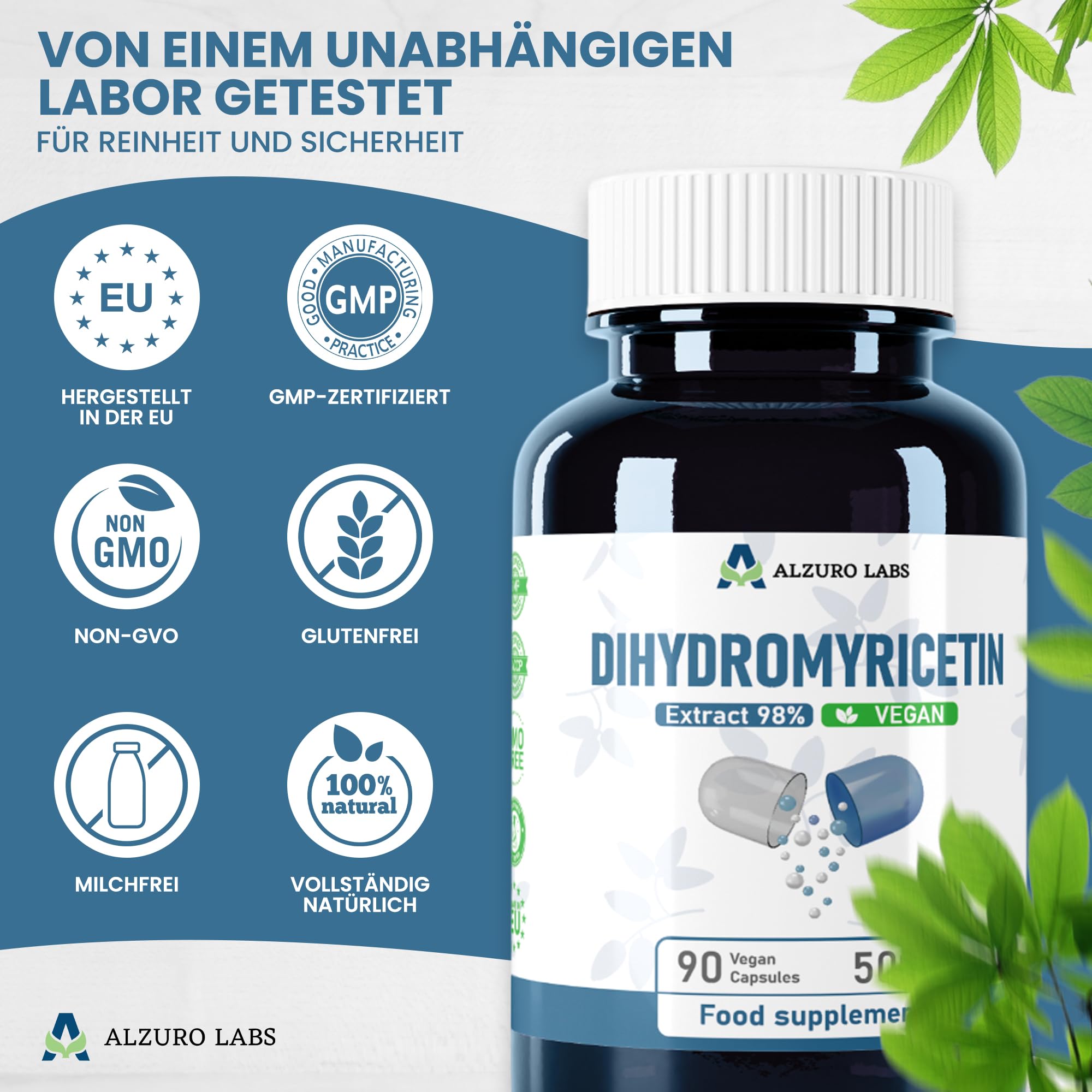 Dihydromyricetin | 50.000 mg Äquivalent | Hochdosiert 100:1 Extrakt, 98% | 90 vegane Kapseln | GMP & Laborgeprüft