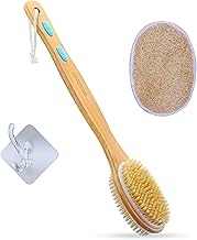 INCLUSSHOP Shower Brush with Wall Hooks and Loofah Pad Soft and Stiff Bristles Body Brush Back Scrubber Bath Brush Wood Long Handle Natural Bristles exfoliating Massage Brush Head for Wet/Dry