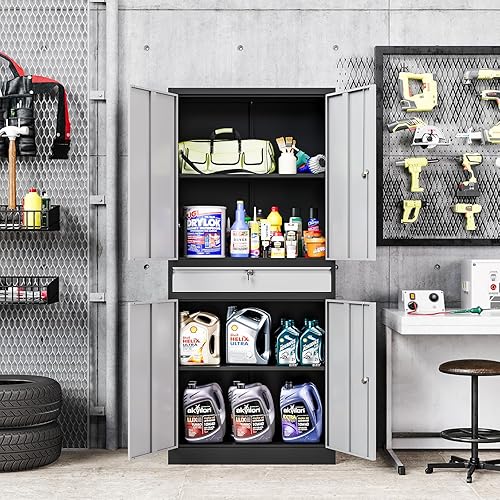 Vista 12 de MIIIKO Armario de almacenamiento de metal con puertas de bloqueo, armarios de acero con cerradura de garaje negro con 4 puertas y 5 estantes