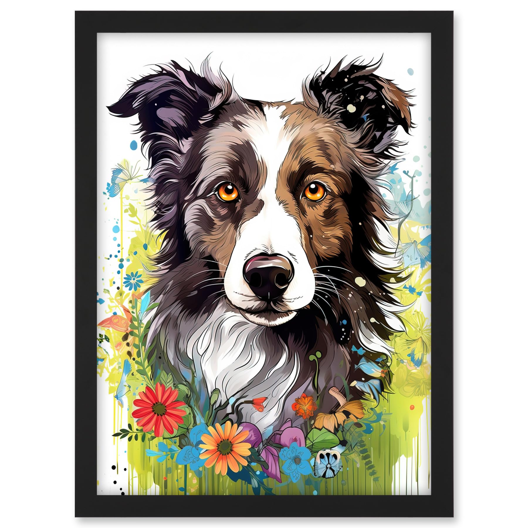 Artery8 Border Collie Dog Bright Watercolour Painting Floral Portrait with Wildflowers and Butterflies Artwork Framed A3 Wall Art Print
