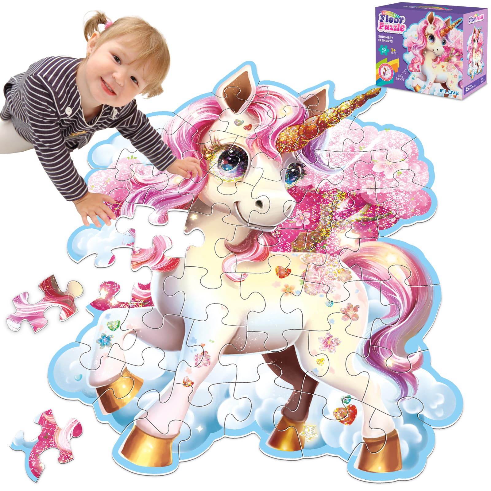 45pcs Shimmery Unicorn Floor Puzzles for Kids Ages 3-5, Jumbo Jigsaw Puzzles for Kids Unicorn Puzzle for Toddlers Age 3+ Year Olds, Unicorn Toy Gifts for Girls (Size: 28 '' x 33 '')