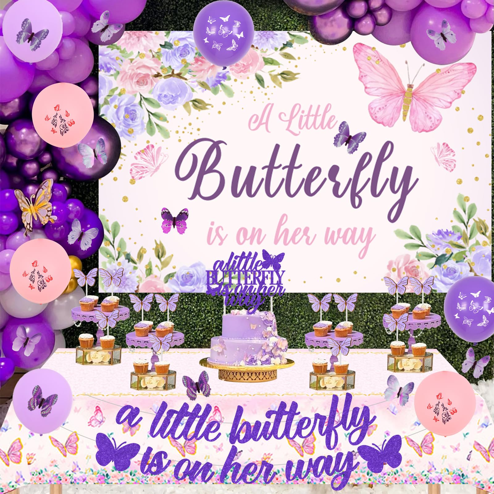 Butterfly Decorations Birthday Butterfly Baby Shower Decorations - Pink \u0026  Purple Backdrop Banner Cake Topper Tablecloth Set Butterfly Theme Backdrop, image size:1600x1600