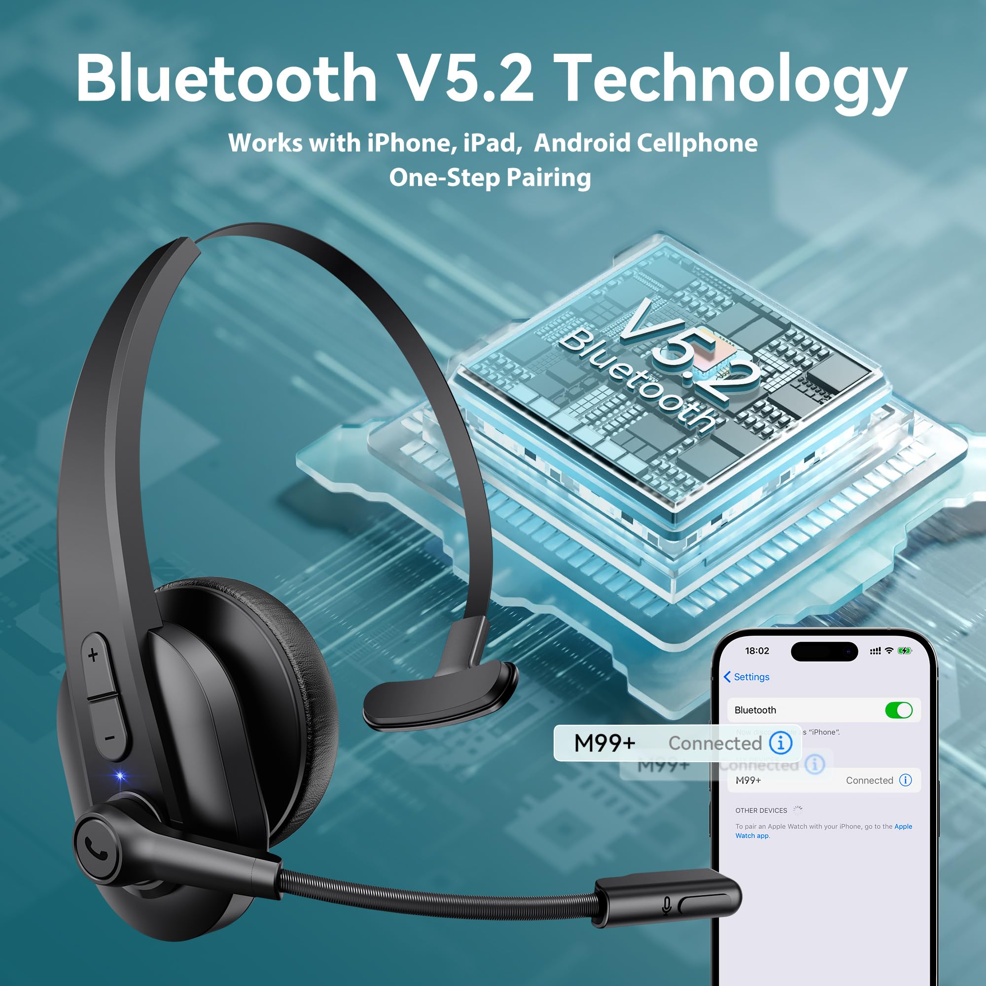 Auriculares Bluetooth con dongle USB para computadora, auriculares inalámbricos de una sola oreja con micrófono de cancelación de ruido para oficina y camioneros, Bluetooth V5.2 con botón de 6