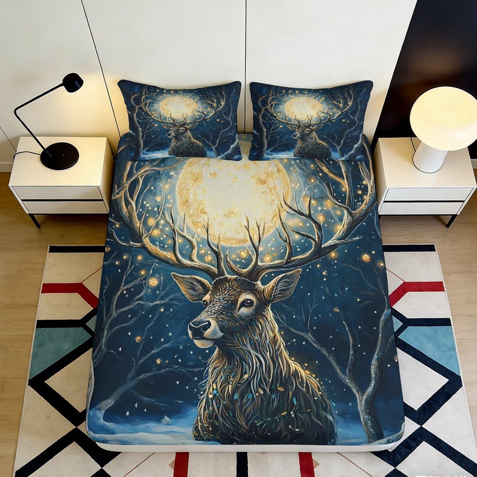 3D Printed Forest Deer Fitted Sheet Microfiber Deep Pocket Bedding, Woodland Stag Mattress Fitted Cover, Elastic Hem for Bedroom Adult Teen 200x200x25cm