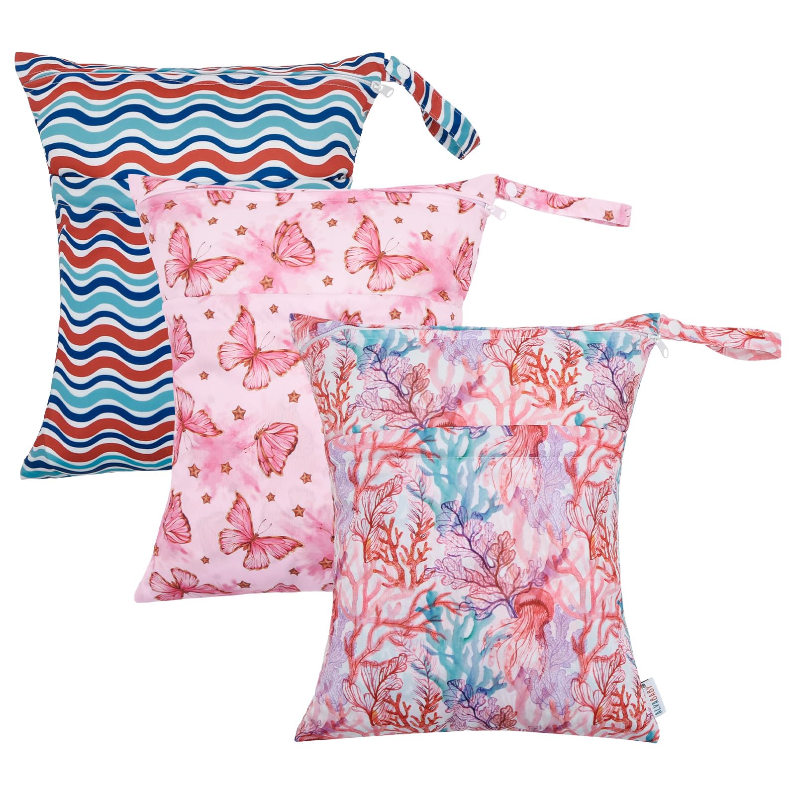 ALVABABY 3pcs Cloth Diaper Wet Dry Bags Waterproof Reusable with Two Zippered Pockets Travel Beach Pool Daycare Soiled Baby Items Yoga Gym Bag for