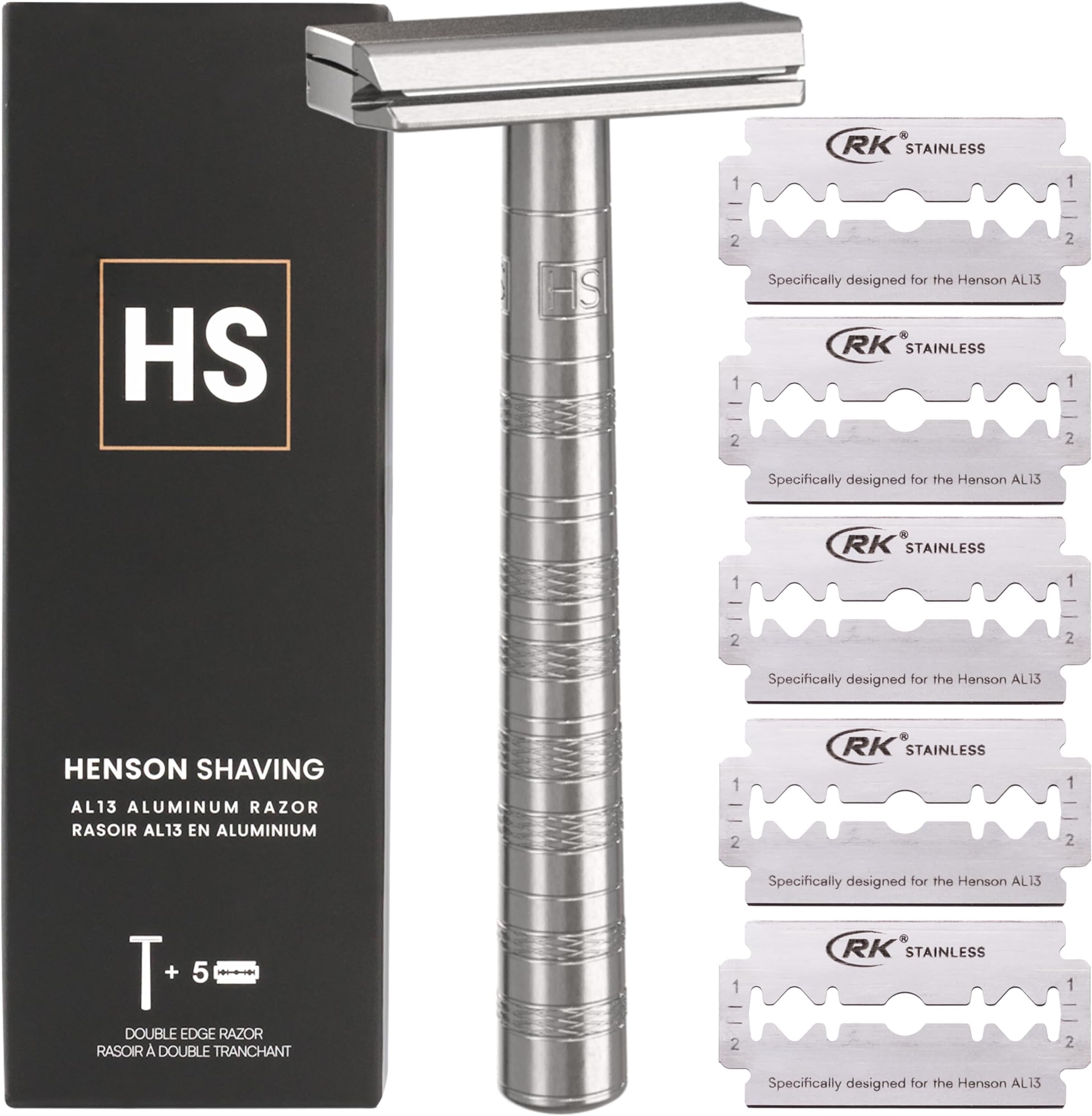 Henson Shaving Razor - Aluminum Double Edge Safety Razor with 5 Spare Blades - 30° Angled Precision With Superior Blade Rigidity- Reusable Single Blade Razors For Men and Women - Mild Aggression