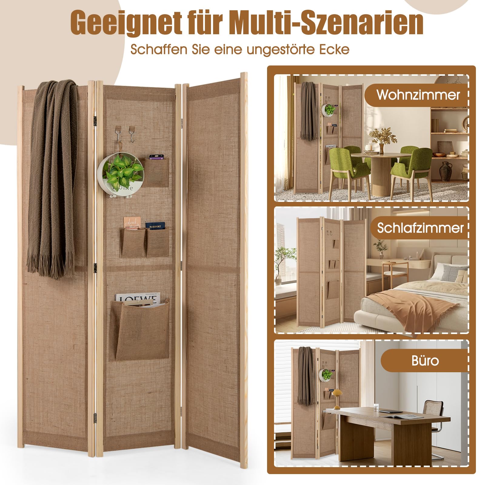 COSTWAY Paravent 170 x 121cm, Raumteiler mit 2 Haken, 1 große & 3 kleine Aufbewahrungstaschen, 3 teilige Trennwand klappbar, Leinen Optik, Holzrahmen, Sichtschutz für innen