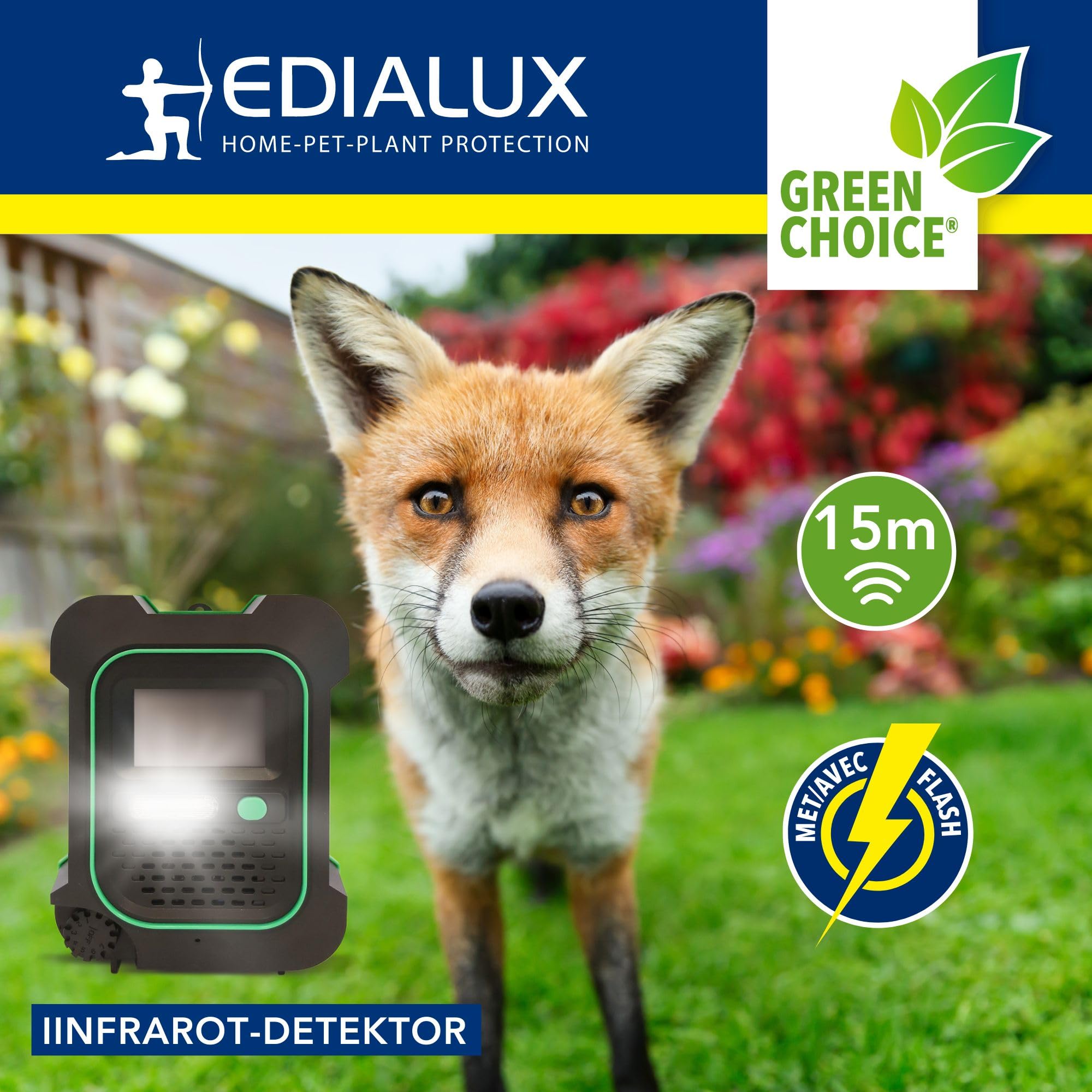 Edialux Ultrasonic Tiervertreiber für außen mit LED Blitz Bewegungssensor einstellbaren Frequenzen 200 m2 Abdeckung IP44 wetterfest