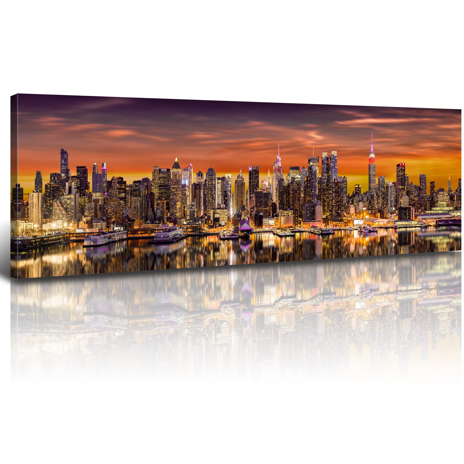 Sunset Wall Art New York Skyline Wall Decor City Canvas Pictures for Living Room Orange Manhattan Panoramic Print NeonNeon Cityscape Poster NYC Skyscraper Building Painting Artwork Office Home