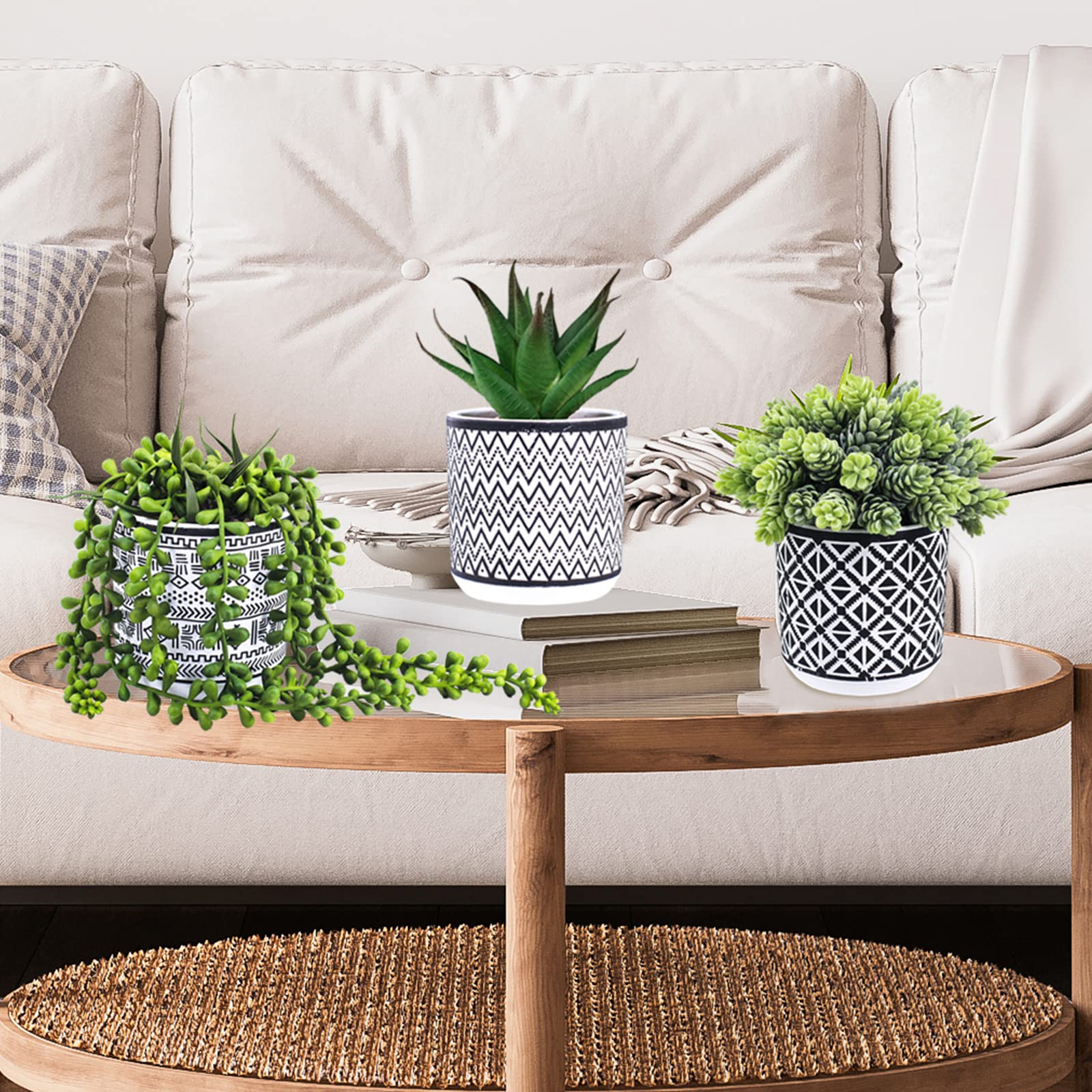 Winlyn Lot de 3 petites plantes grasses artificielles en pot avec perles d'aloès, houblon, plantes grasses dans des pots géométriques en béton noir pour cadeaux, maison, salle de bain, fenêtre, table,