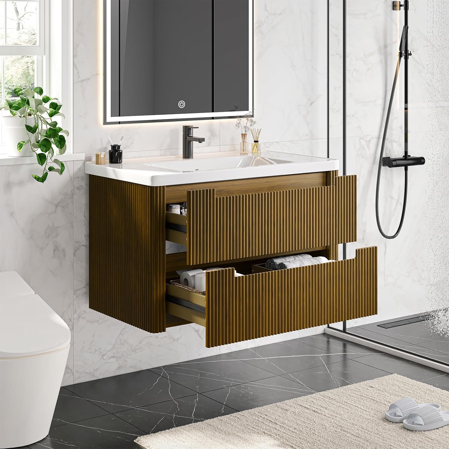 ONBRILL Modern Bathroom Vanity with Sink Combo, Curved Floating Bath Vanity with 2 Drawer, Wall Mount Bathroom Vanities with Integrated Ceramic Sink for Small Space, Apartment (Walnut, 24")