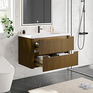 ONBRILL Modern Bathroom Vanity with Sink Combo, Curved Floating Bath Vanity with 2 Drawer, Wall Mount Bathroom Vanities with Integrated Ceramic Sink for Small Space, Apartment (Walnut, 24")