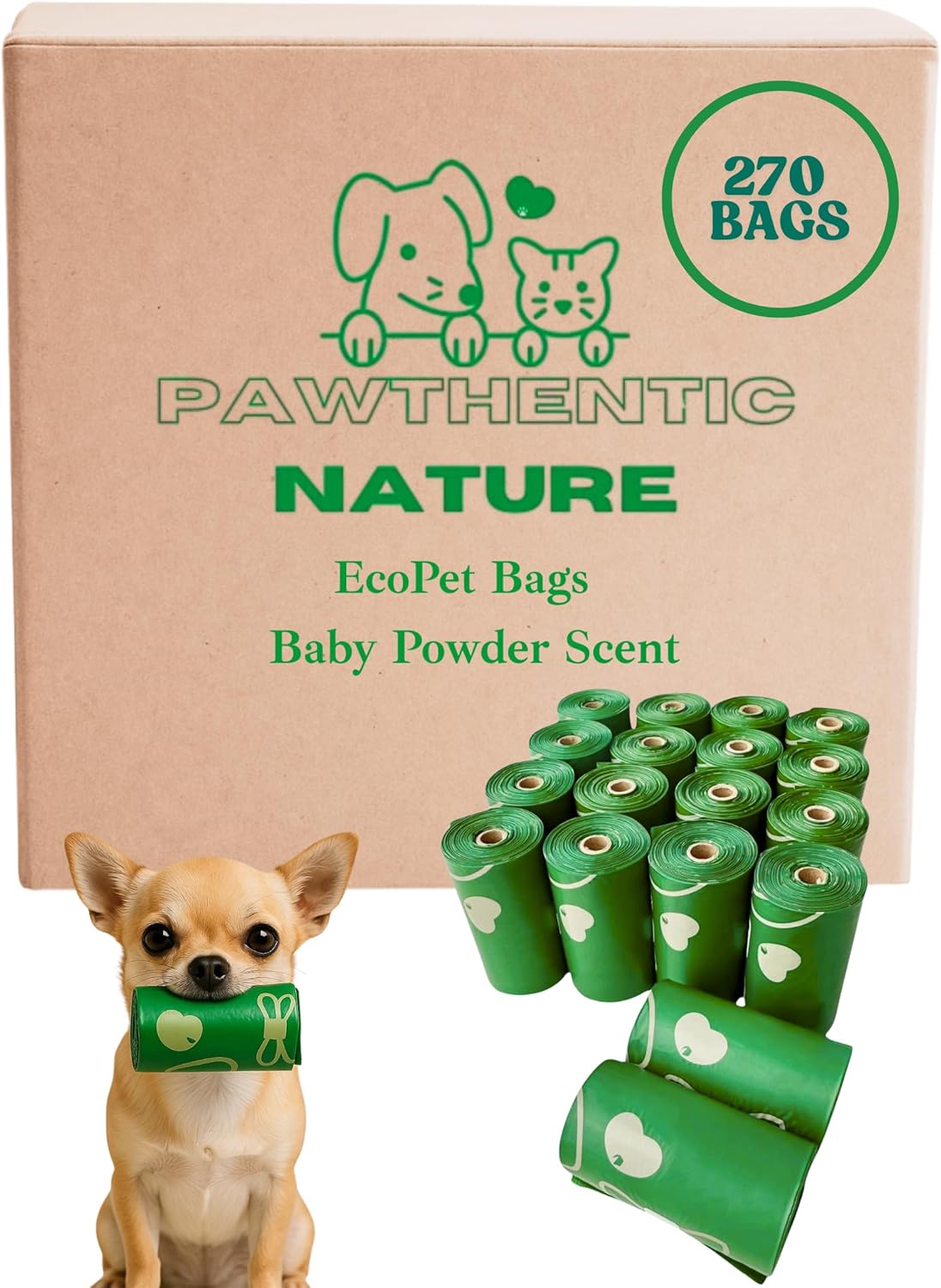 100% Compostable & Plastic-Free Dog Poop Bags – 270 Count Extra-Thick (18 Micron) Leak-Proof Waste Bags, Plant-Based & Biodegradable, Light Baby Powder Scent, Eco-Friendly for Dogs & Cats
