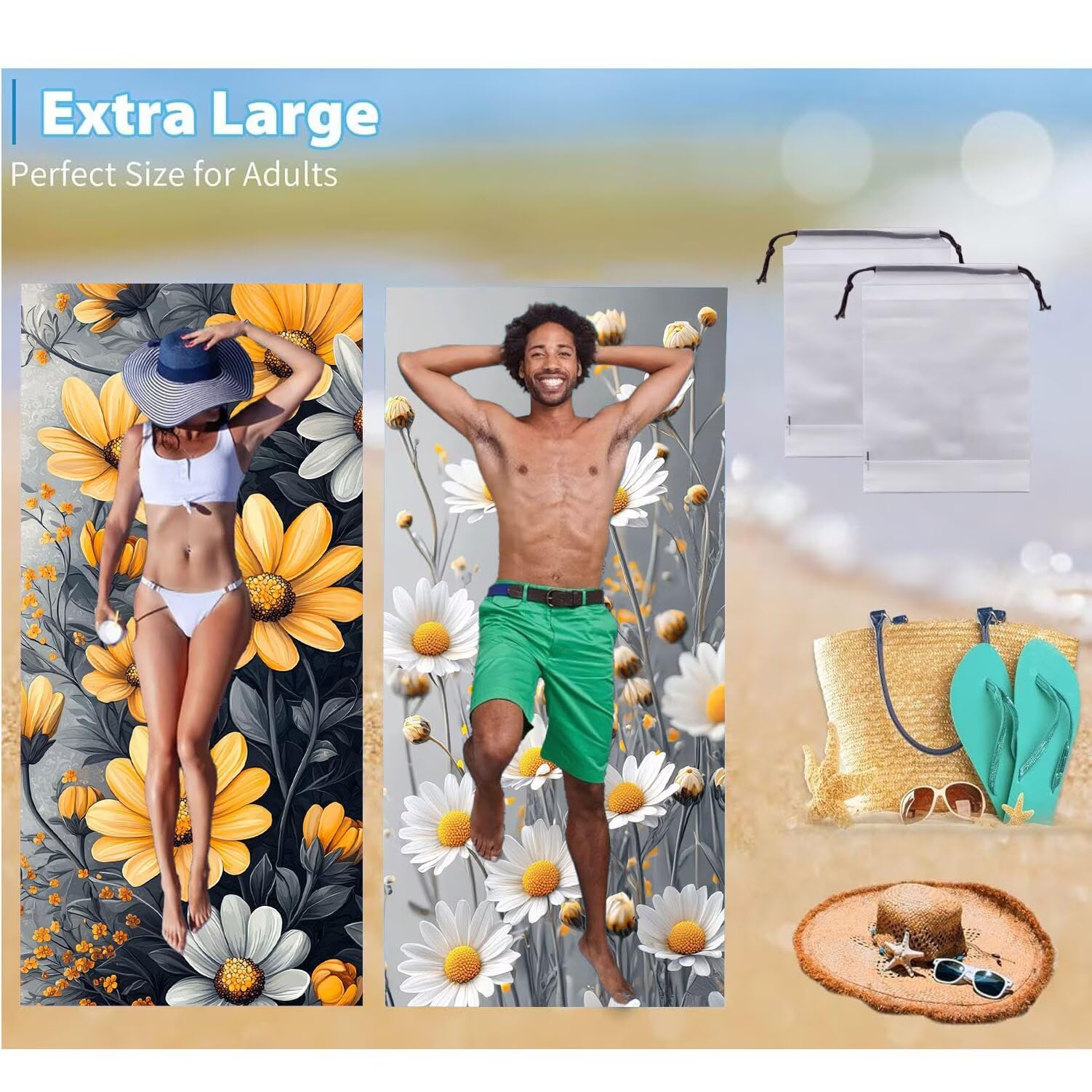 Ręcznik plażowy xxl 2 opakowania Duży ręcznik plażowy z mikrofibry 80 x 160 cm odporny na piasek, szybkoschnący, chłonny ręcznik kąpielowy, letni prezent (kwiaty stokrotki) B-194