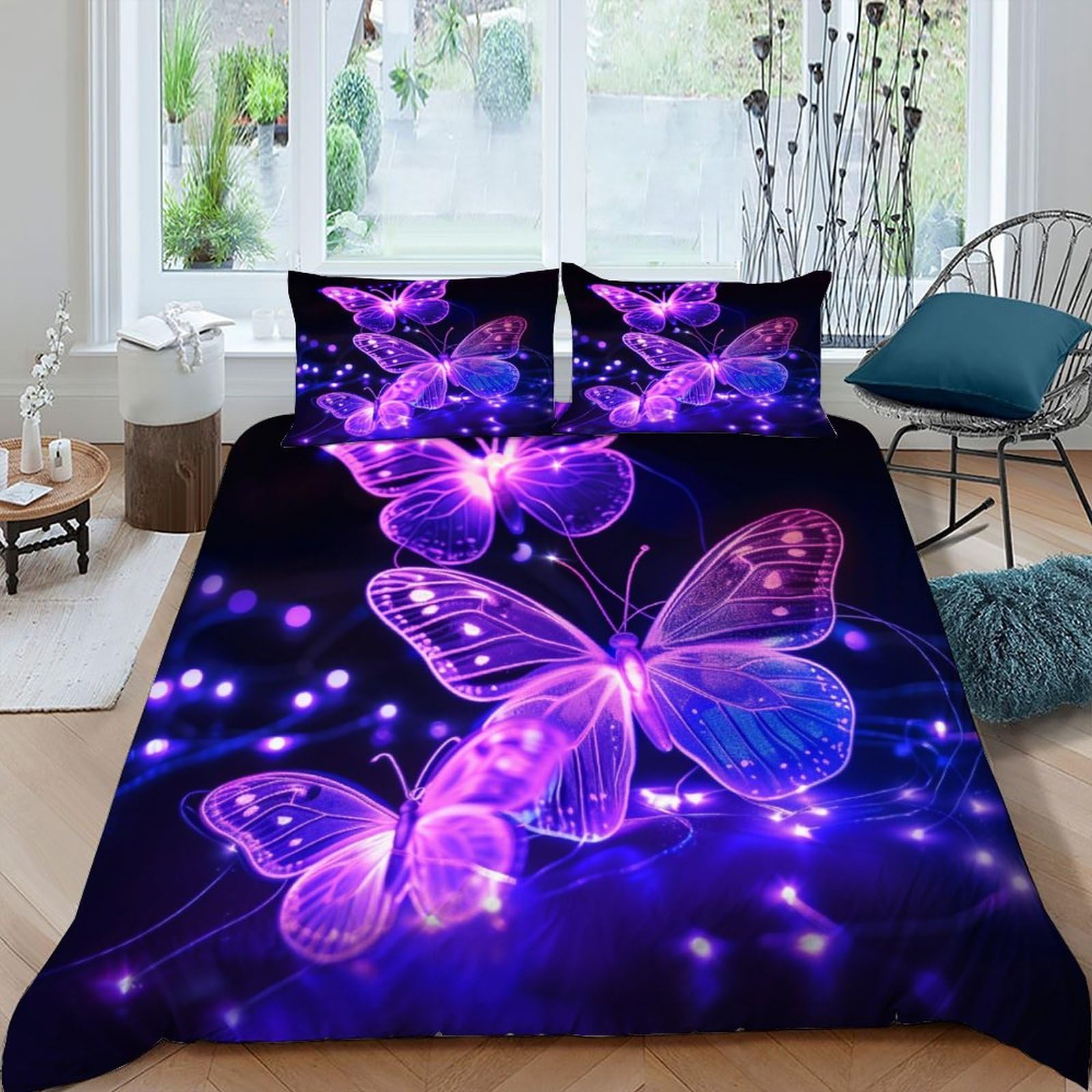 Housse de couette papillon violet 220x240 cm avec taies d'oreiller pour lit king size