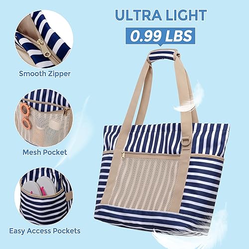 Miniatura 5 de Fasrom Bolsa de playa para mujer con cremallera, bolsa de playa impermeable con compartimento húmedo y seco y bolsa pequeña para piscina, natación,