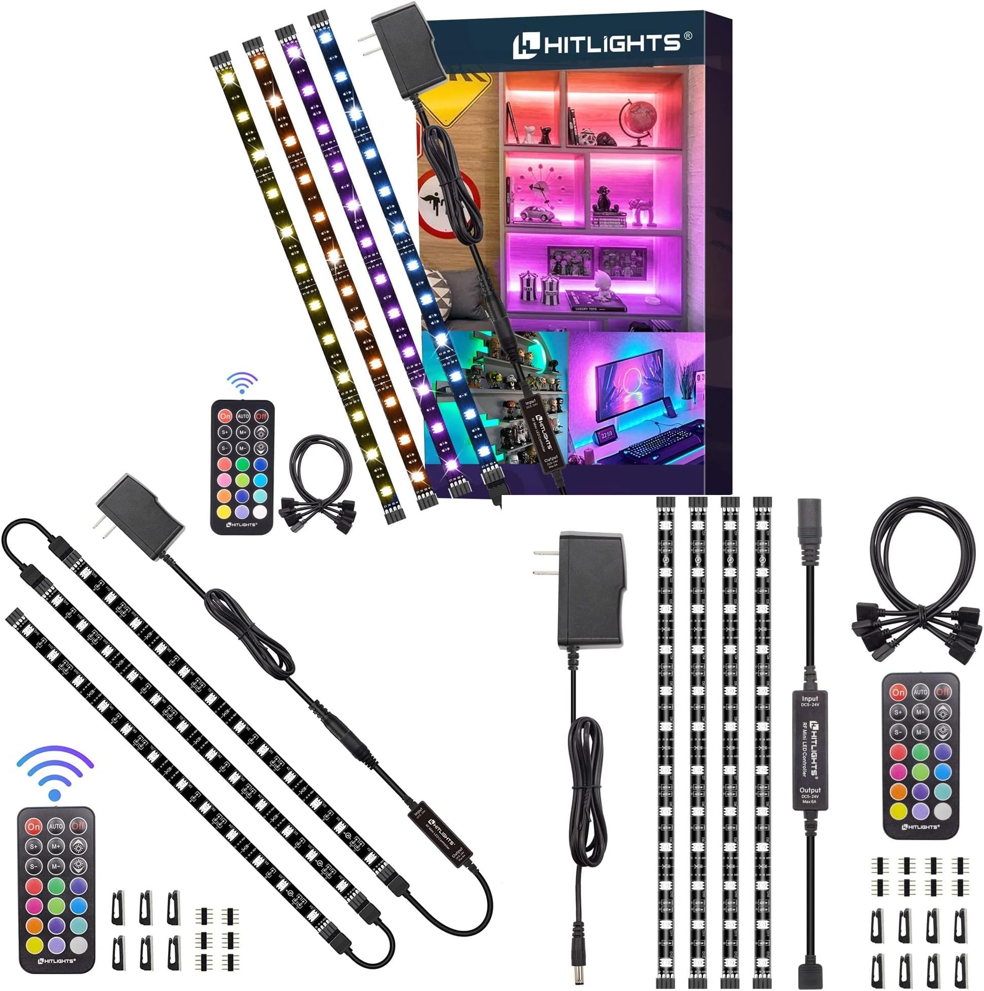 HitLights LED Strip Lights 3 Pre-Cut+4 Pre-Cut combination, 12Inch per strip, LED Light Strip Flexible Color Changing 5050 LED Accent Kit with RF Remote, Power Supply, and Connectors for TV, Home, DIY