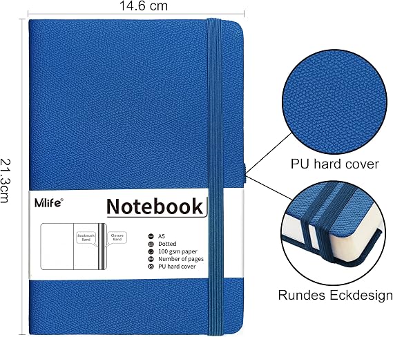Mlife A5 Graph Paper Notebook,360 Pages Thickened Squared Notebook,Premium 100g/M² Ink Resistant Paper Thick,Pu Hard Cover Grid Notebook,Inside Pocket,Elastic Banded,Grid Paper for Writing&Diary(Blue)