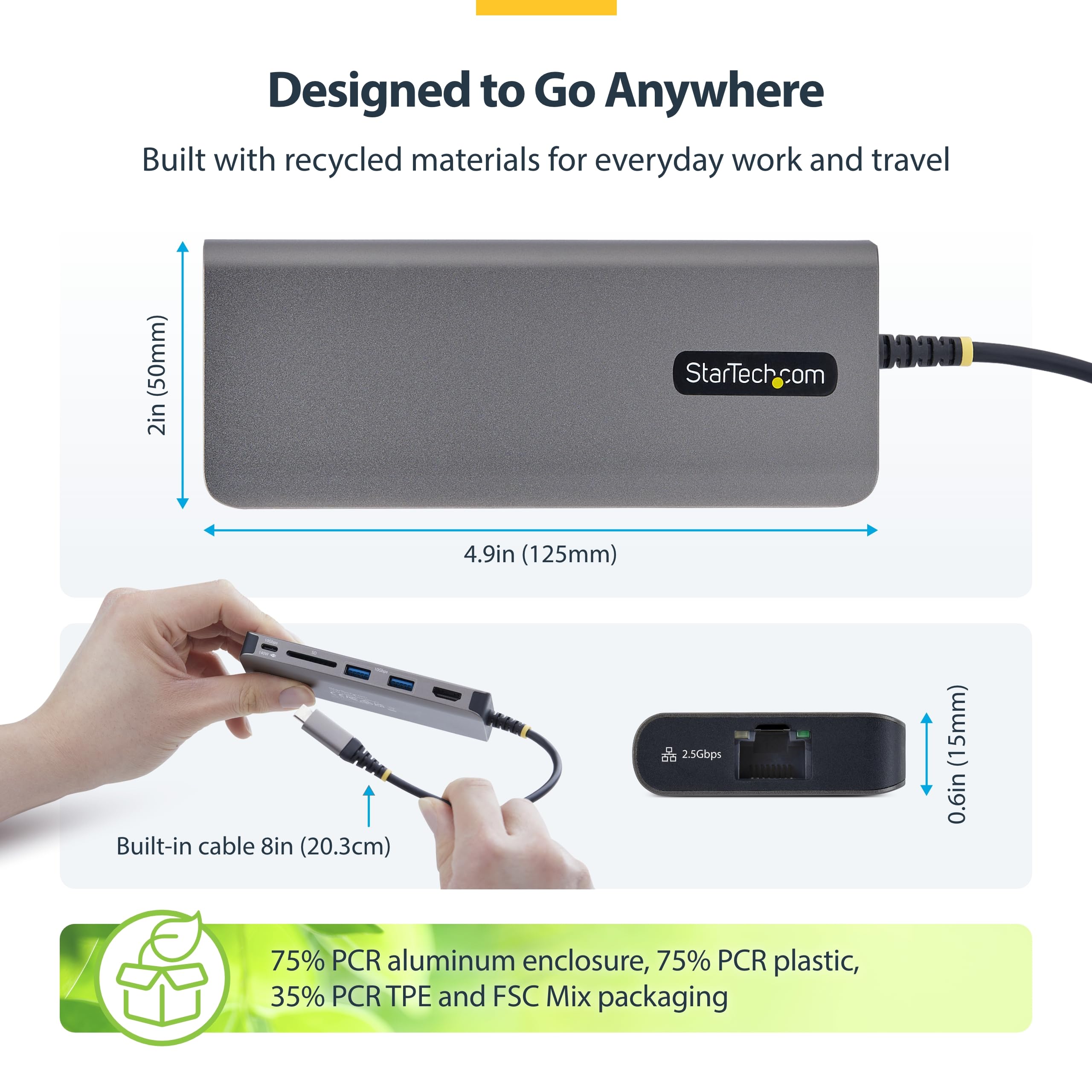 StarTech Hub USB-C 6 w 1, USB-C na HDMI Multiport adapter z 140 W Power Delivery moc, 4K60Hz HDMI, 10 Gbps, 2,5 GbE, gniazdo SD, mini stacja dokująca do MacBook, Dell, HP