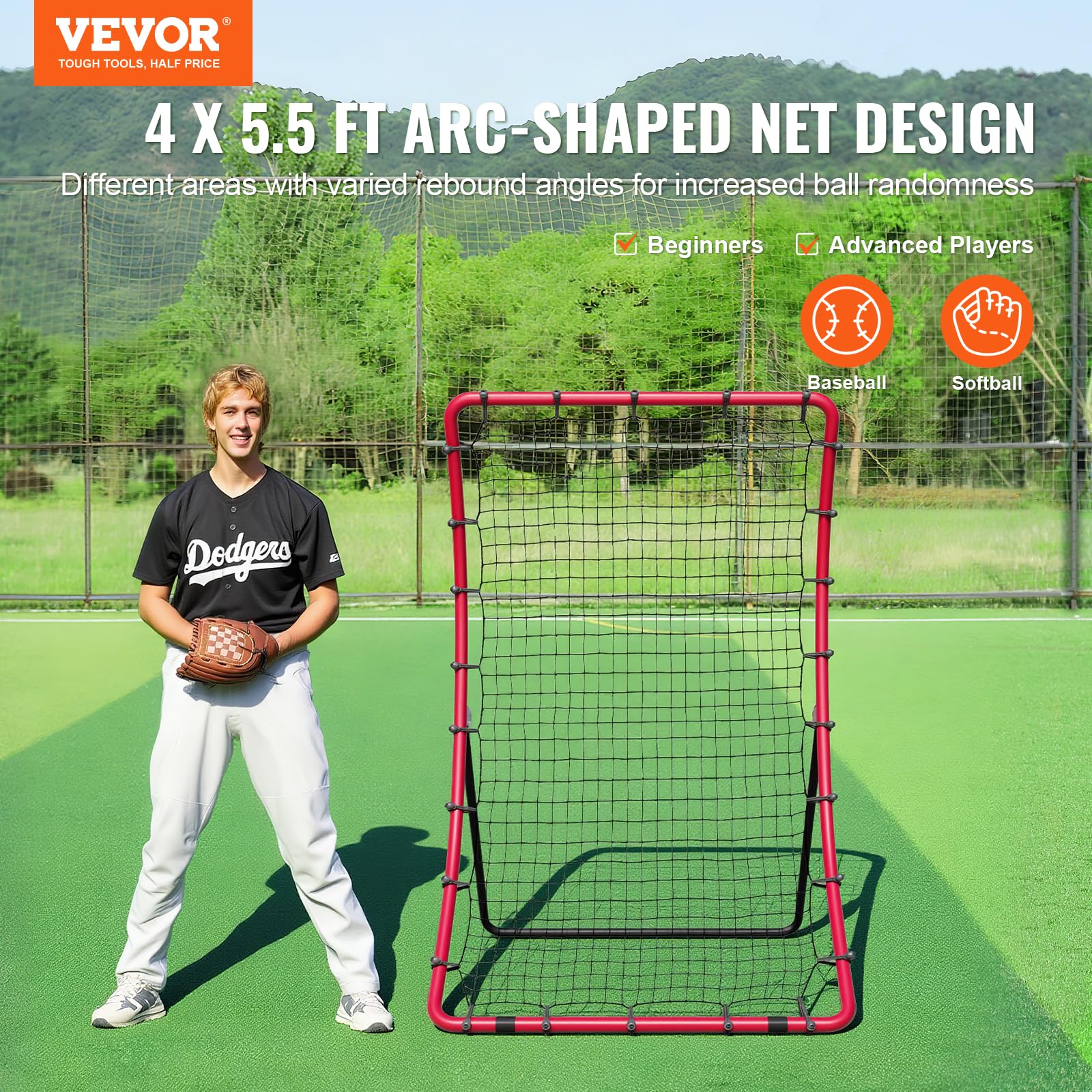 VEVOR Filet de Rebond pour Baseball et Softball, 914 x 1372 mm, Filet de Lancement de Baseball à 3 Voies, entraîneur de rebondissement de Lanceur de Baseball, pour la Pratique du Terrain et du Lancer