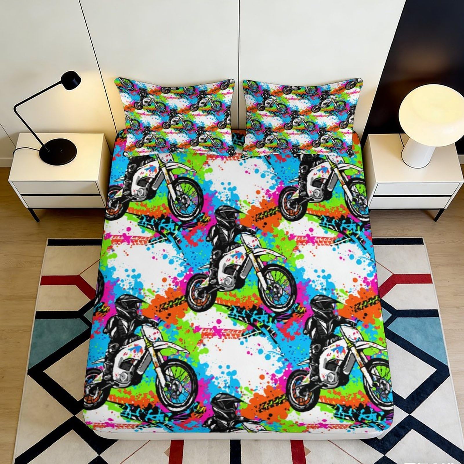 Uxinyoume Style-9 3D Printed Graffiti Motorcycle Fitted Sheet Microfiber Colourful Street Art Bed Cover For Bedroom Dorm Decor 90X200x25cm
