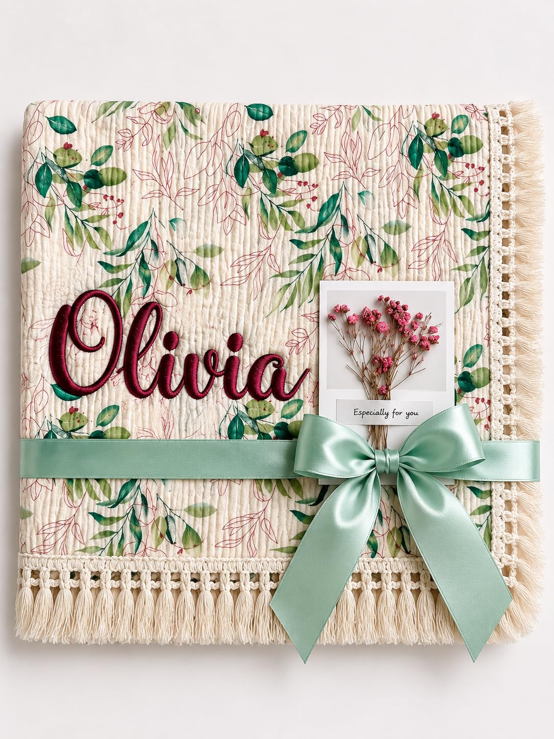 DreamBuy Personalised Baby Blanket Embroidered with Name Soft Customised Blanket for Newborn Baby Girl Cot & Pram Blanket Baby Girl Present 120x100cm (Olives)