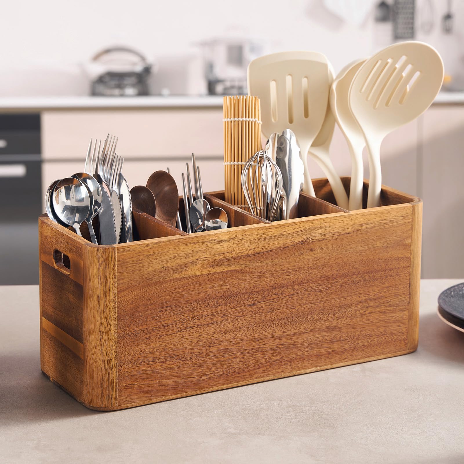 40,6 cm großer Küchenutensilienhalter aus Holz, extra großer Organizer aus Akazienholz, für Kochutensilien, Utensilien und Besteckaufbewahrung – 4-Fächer-Arbeitsplattenhalter