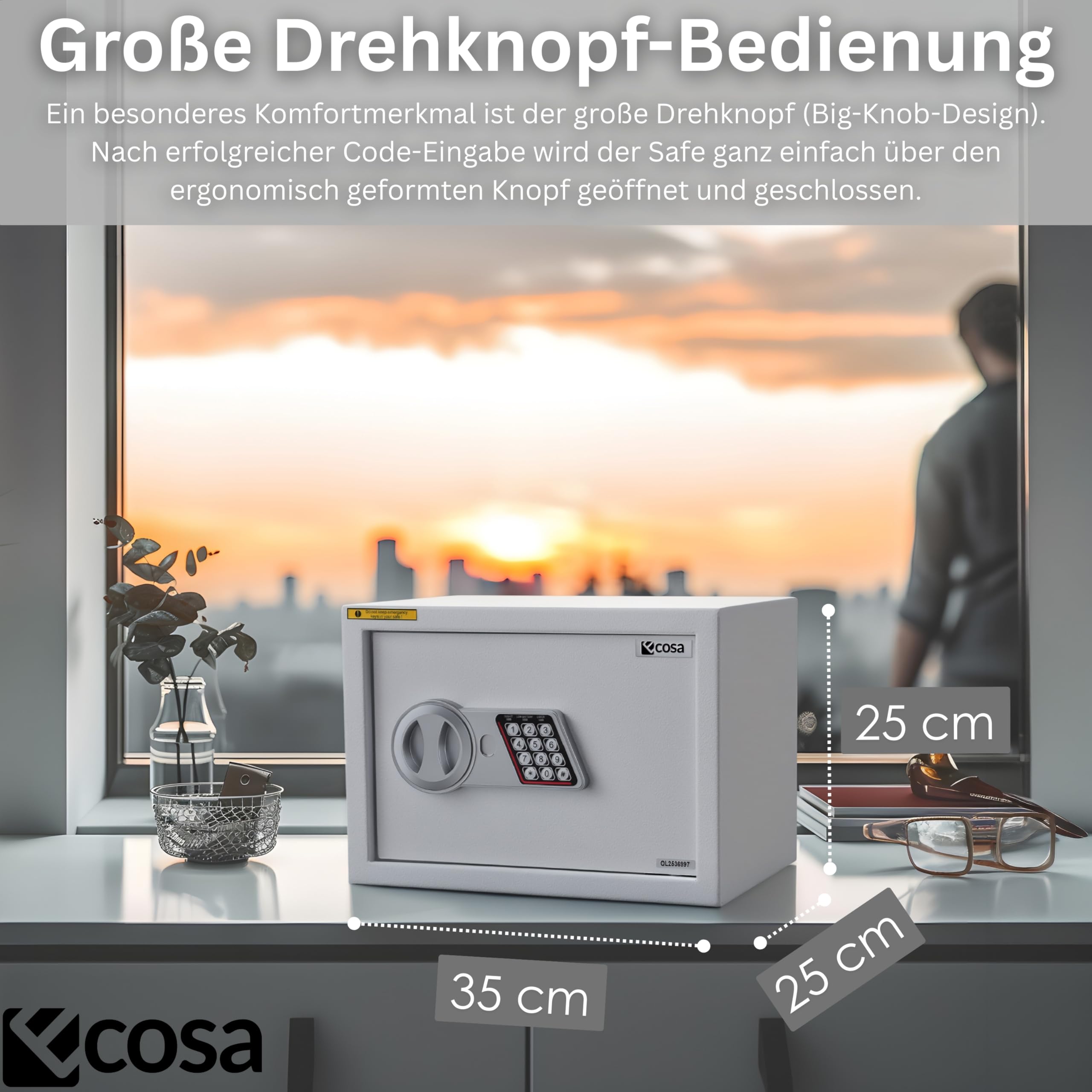 Ecosa Elektroniczny sejf 35 x 25 x 25 cm – sejf meblowy i sejf ścienny z kodem numerycznym i kluczem, sejf hotelowy do domu, 3-krotna, bardzo gruba podwójna blokada bolca, ognioodporny, wodoszczelny