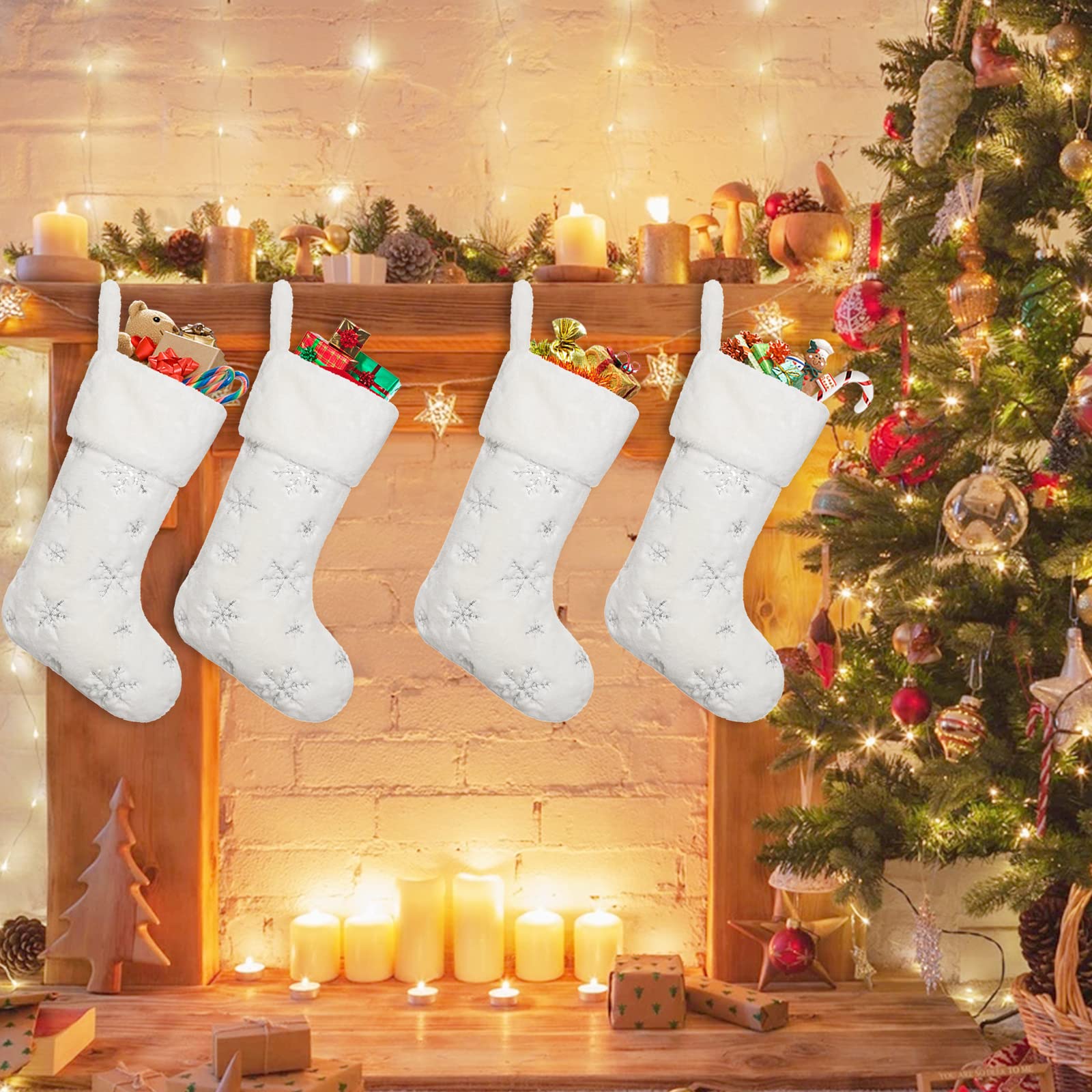 KHOYIME Christmas Stockings 4 Pack 20 Inch Large Cream White Faux Fur Xmas Stockings with Shining Silver Sequin Snowflakes Soft Thick Plush Christmas Stockings Decoration Holiday Party Fireplace Decor