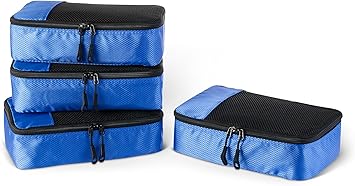 Amazon Essentials 4-Piece Packing Cubes Travel Accessories Set, Luggage Organizer with Double Zipper, Mesh Top, 100% Polyester, Small/Medium/Large/Slim, Blue (Previously Amazon Basics)