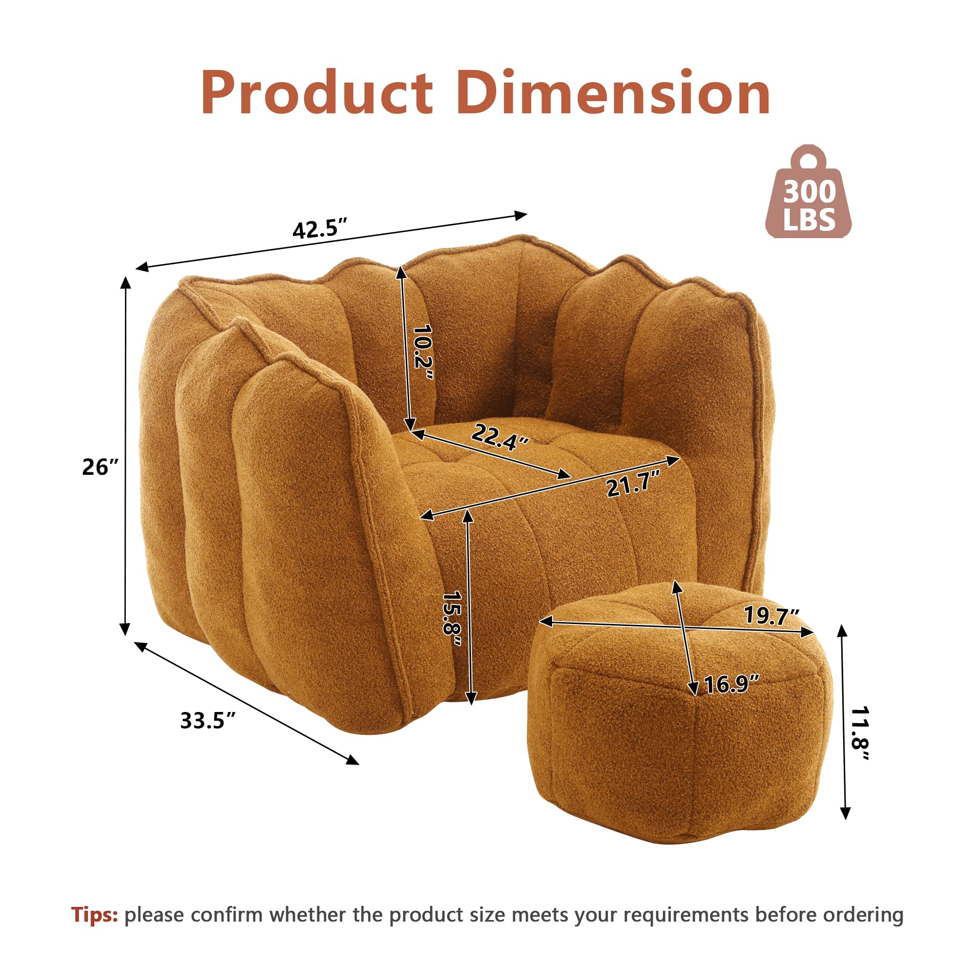 HUMEHA Bean Bag Chair with Ottoman, Chenille Upholstered Giant Bean Bag Chair with Filler, Floor Bean Bag Chair for Adults, Modern Lazy Sofa Chair with Armrests for Living Room Bedroom, Khaki
