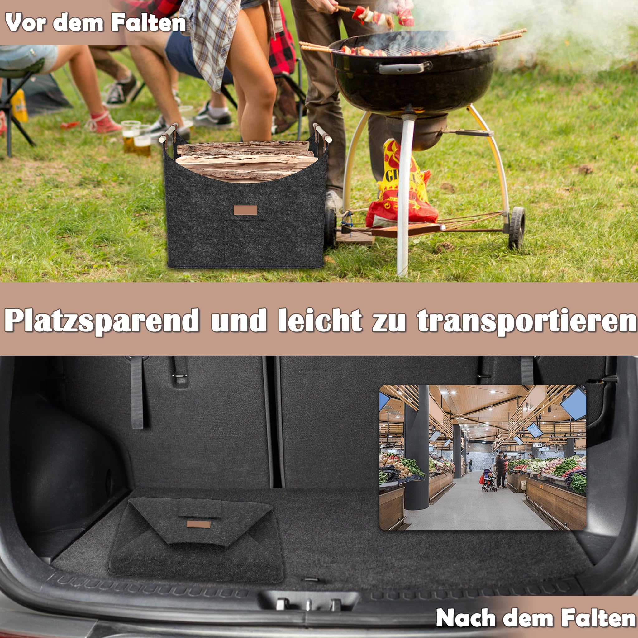 Aufun 4 x Brennholzkorb Holzkorb für Kaminholz, XXL Faltbarer Brennholzkorb | Filzkorb Extra dicker Filz und Griff, Groß Filztasche für Einkauf, Holz, Zeitung oder Brennholz (50x32x40 cm, Dunkelgrau)