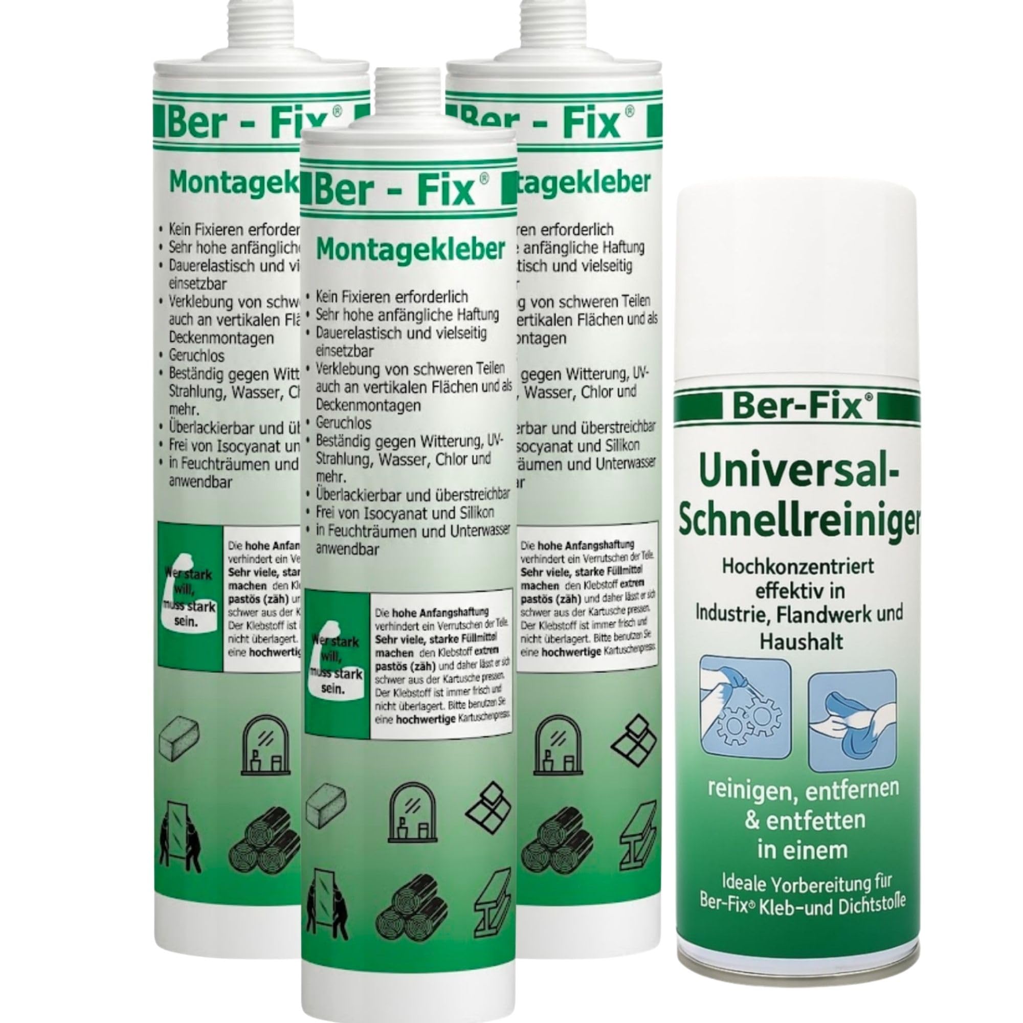 Ber-Fix Montagekleber Weiß 3er Pack + Universalreiniger