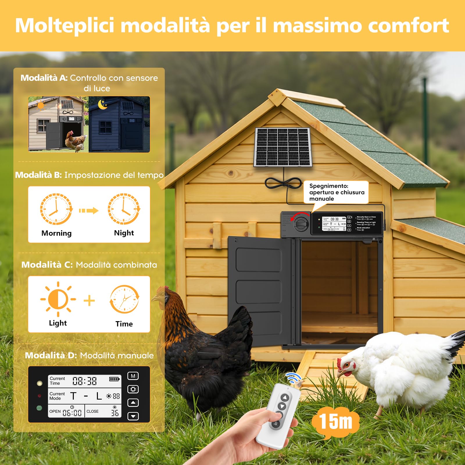 Grande Dimensione Apriporta Automatico per Polli Solare, Apriporta per Polli in Alluminio Apertura Laterale Automatica, Porta Elettrica per Polli con Pannello Solare da 7W, Display LED