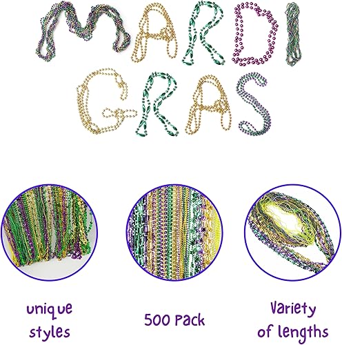 Miniatura 2 de Cuentas de Mardi Gras a granel (500 piezas) decoraciones de Mardi Gras collares de cuentas para adultos  Diseños surtidos metálicos  Para disfraces