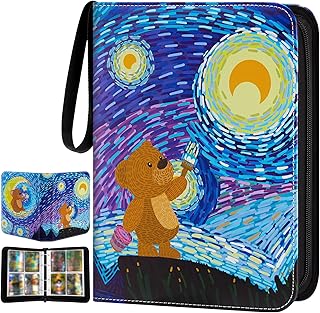 Trading Card Binder, SIMBOOM 4 Pocket Card Binder for 400 Cards with 50 Removable Sleeves, Zipper Football Card Binder, Trading Card Holder or Kids Boys Girls Card Collectors - Starry Bear, Blue Bear