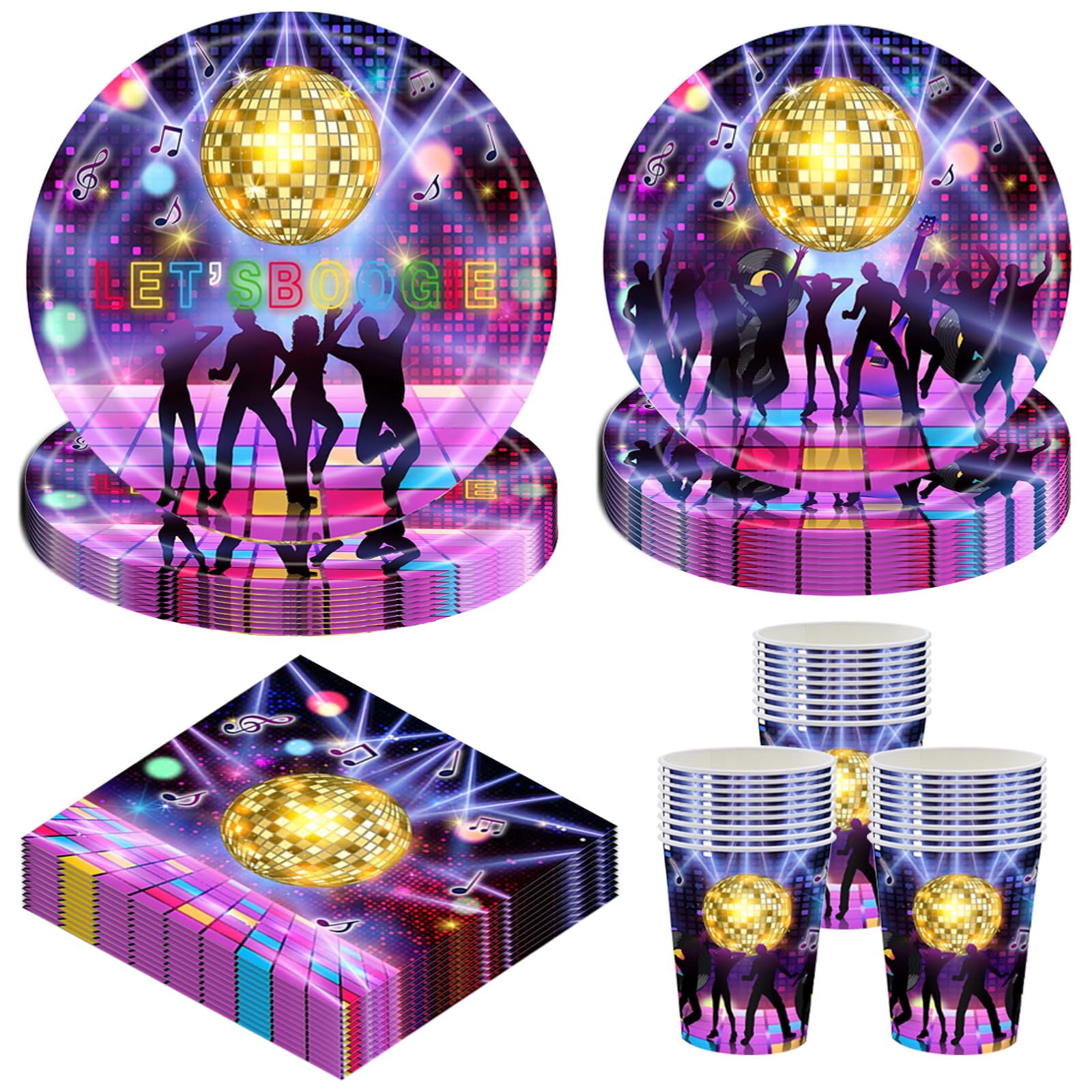 PIUMOJ 68 Pcs Retro Disco Party Tableware Set for 16 Guests - 70s 80s 90s Music Theme Dinnerware - Suitable for birthday parties, bachelor/bachelor parties and retro-themed events