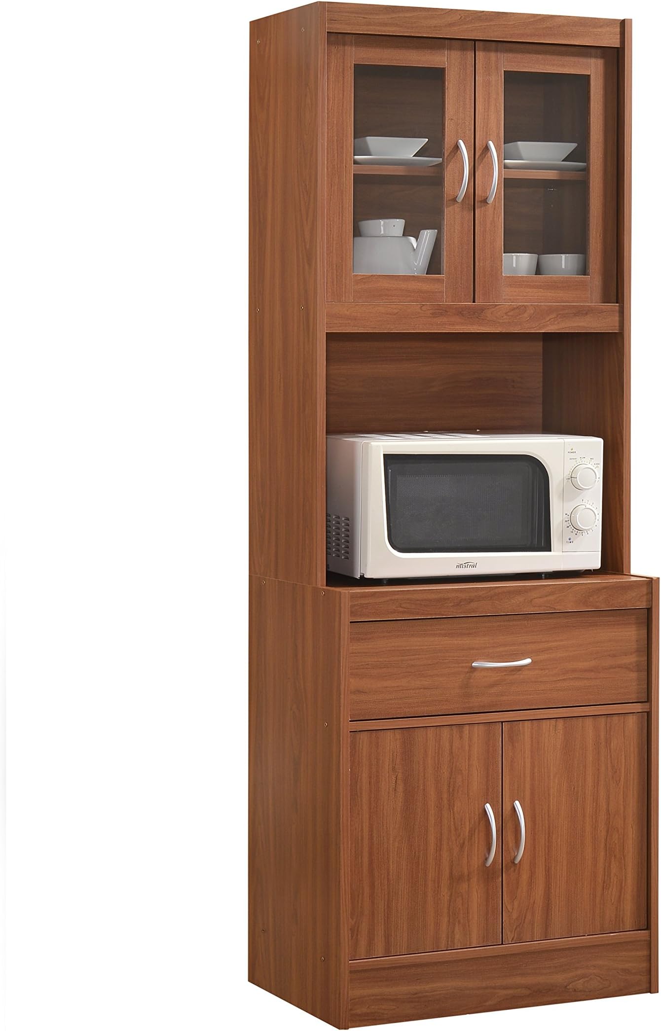Long Standing Kitchen Cabinet with Top & Bottom Enclosed Cabinet Space, One Drawer, Large Open Space for Microwave, Cherry