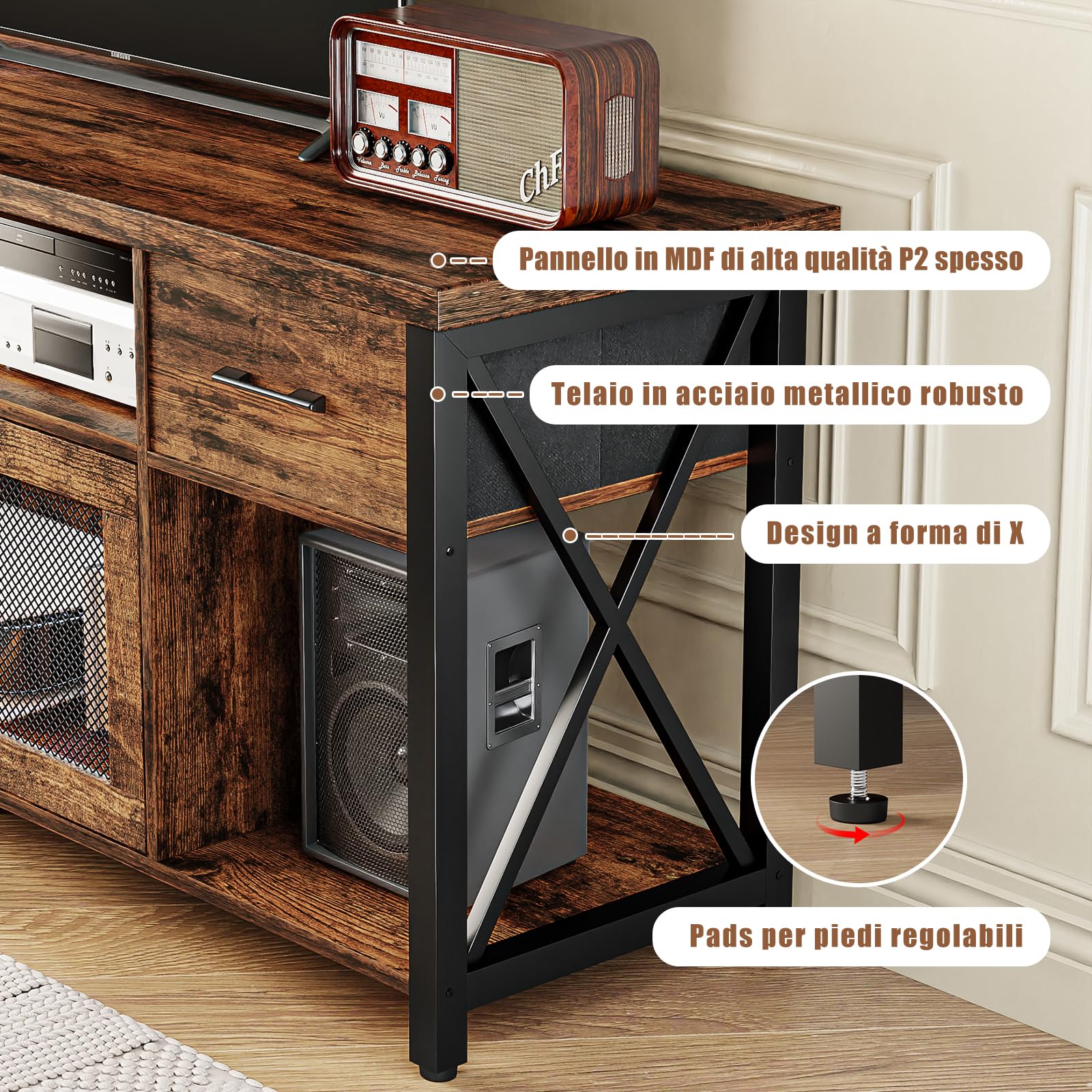 Mobile TV, Mobile Porta TV in Stile Industriale, Mobiletto TV in Legno da 140 cm Con due Mobili, per TV da 45/50/55 Pollici, per Soggiorno, Sala da Pranzo e Camera da Letto