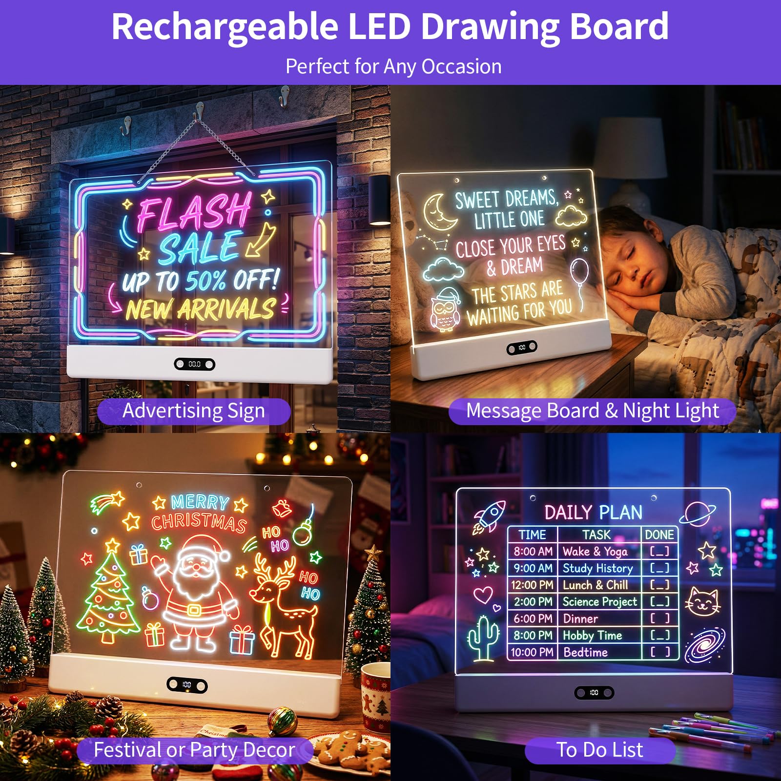 LED-Zeichenbrett für Kinder, 40,6 cm, wiederaufladbar, beleuchteter Zeichenblock mit 1500 mAh Akku, 11 Lichtmodi, Neon-Trockenlöschtafel, LED-Notizblock für Nachrichten, Nachtlicht, Geschenke