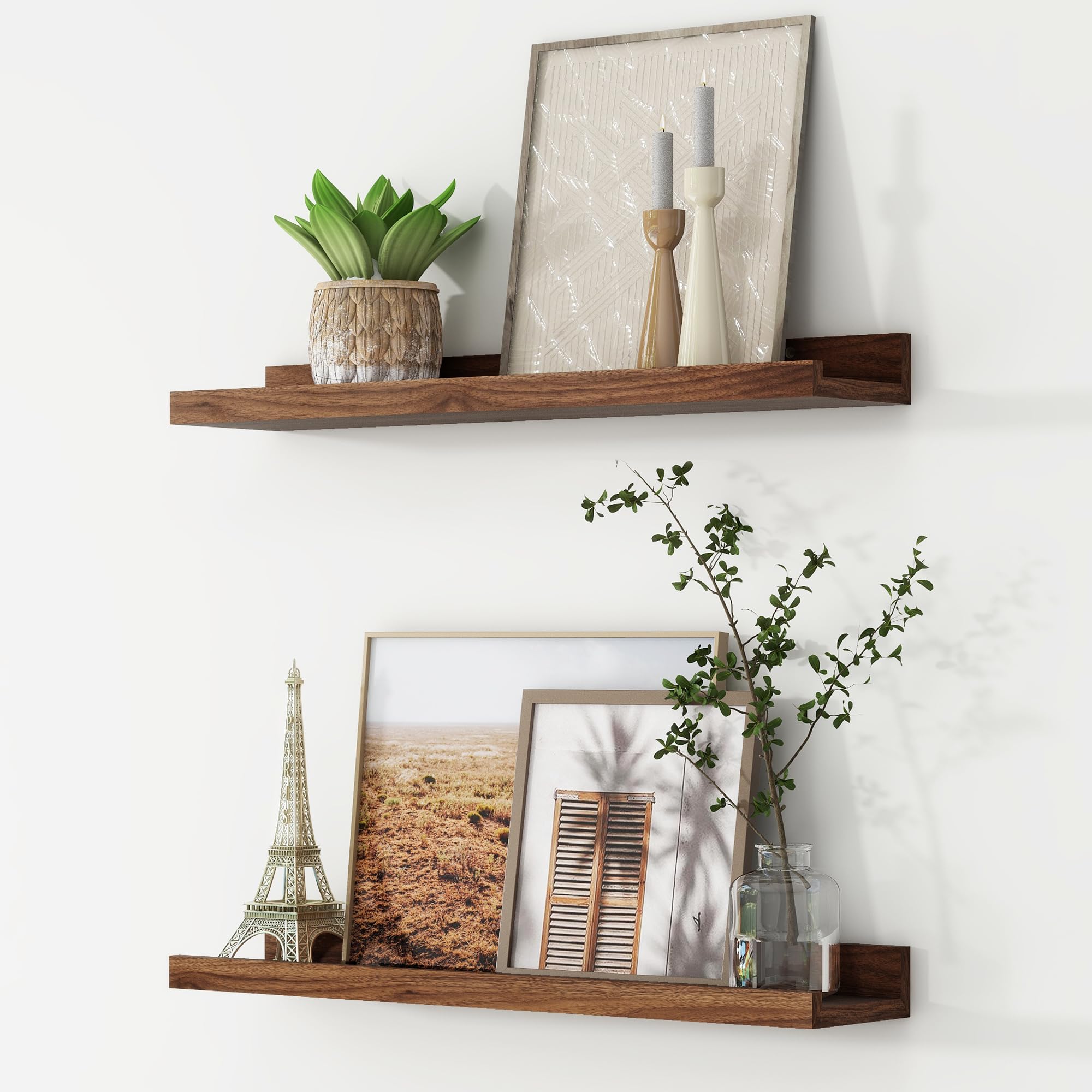 FLYJOE 60 cm Floating Shelves, Picture Ledge Shelf, Nursery Book Shelves for Toys Storage, Kids Bookshelf Wall Mounted for Living Room Bedroom Decor Books Photo Frames, Walnut, Set of 2 — image 1