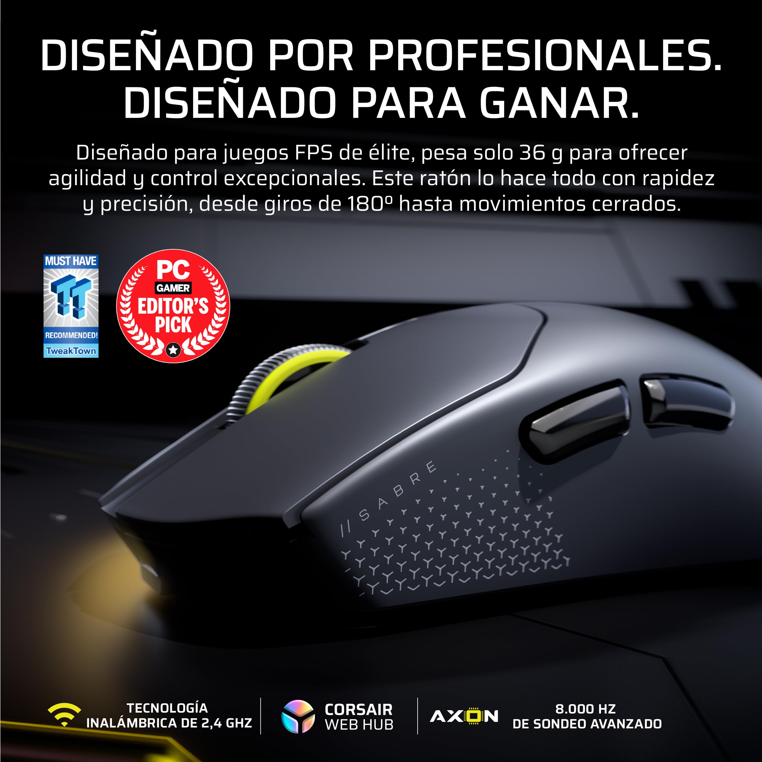 Corsair Sabre v2 Pro Ultralight Wireless FPS Ratón Gaming – 33K dpi, 36g Peso, 8,000Hz Sondeo Avanzado, Interruptores Mecánicos, hasta 70 Horas de Duración de la Batería, Web Hub – Negro