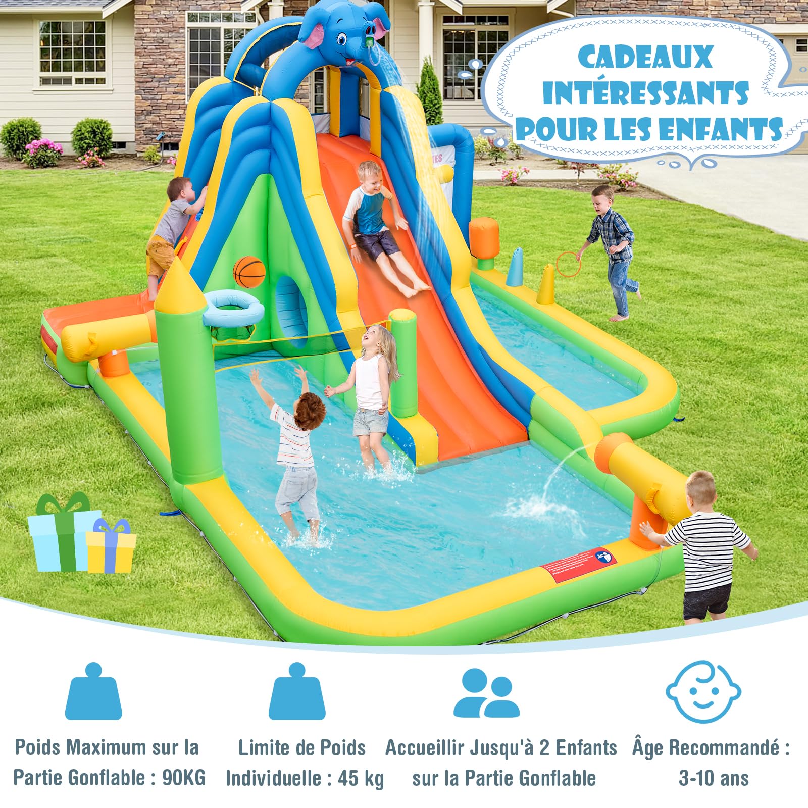 GOPLUS Château Gonflable Enfants Géant,Piscine,Mur d'escalade, Canons à Eau Basket-Ball Volley-Ball, pour Intérieur Extérieur Charge 45+45KG pour Enfants 3-10 Ans (Elephant, sans Souffleur)