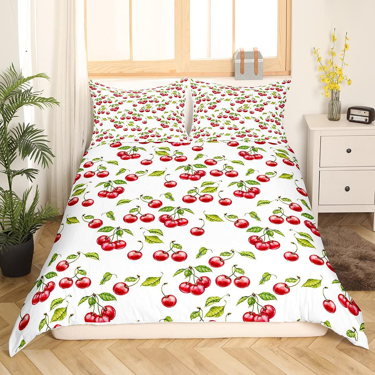 Homemissing Cute Cherries Duvet Cover Red Cherry Bedding Set for Kids Boys Girls Teens Fruit Comforter Cover Green Leaf Branches Bedding & Linen Natural 2Pcs Zipper Single Size - Image 4