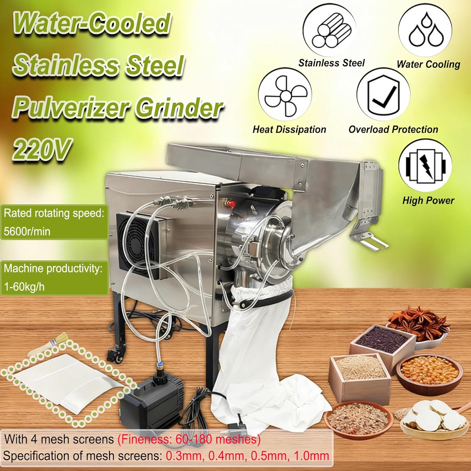 Commercial Herb Grinder, Horizontal Continuous Feeding Hammer Mill Grinder & Pulverizer, 60-180 Mesh Fineness, 1-60kg/h, Water-Cooled 220V 3.5KW Pulverizer for Grain Spice Herbs Seasoning